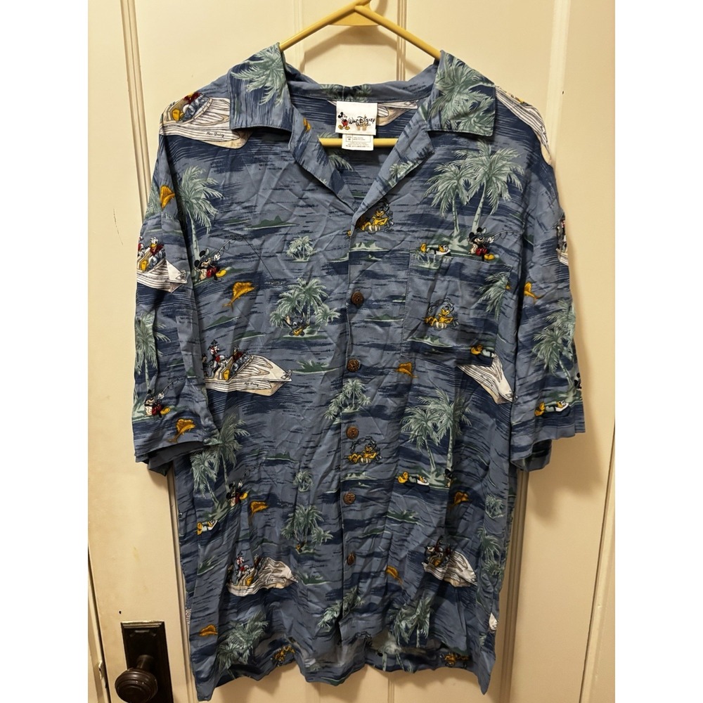 Walt Disney World Mens Mickey Mouse Fishing‎ Tropical Rayon Aloha Shirt Blue M